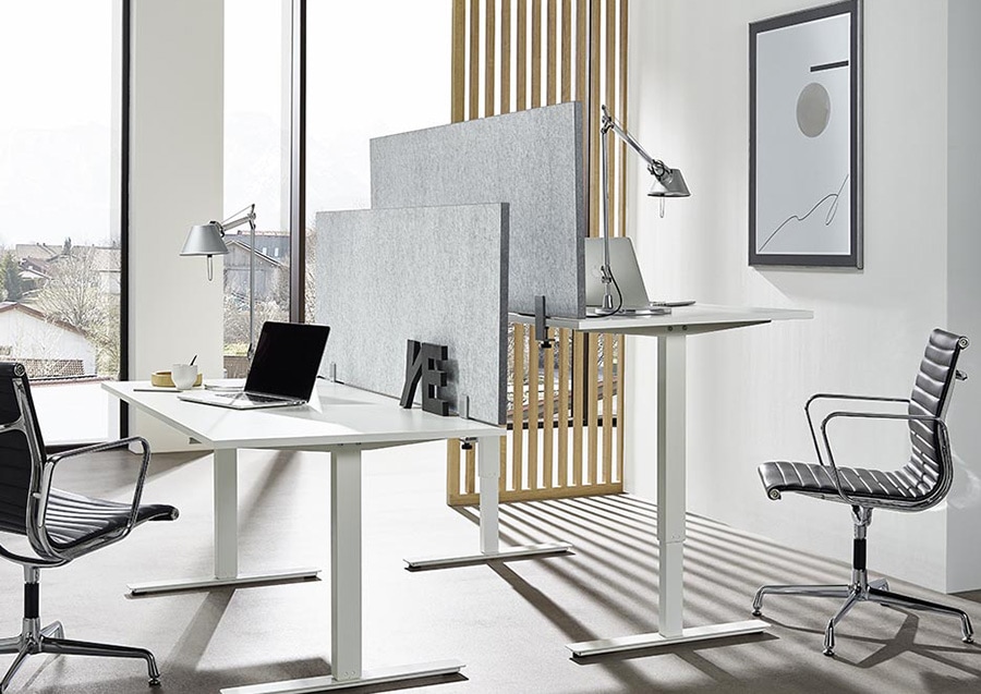 ropimex Sicht- und Schallschutz DIVI smart Schreibtischaufsätze mit Tischklemmen angebracht an höhenverstellbaren Schreibtischen